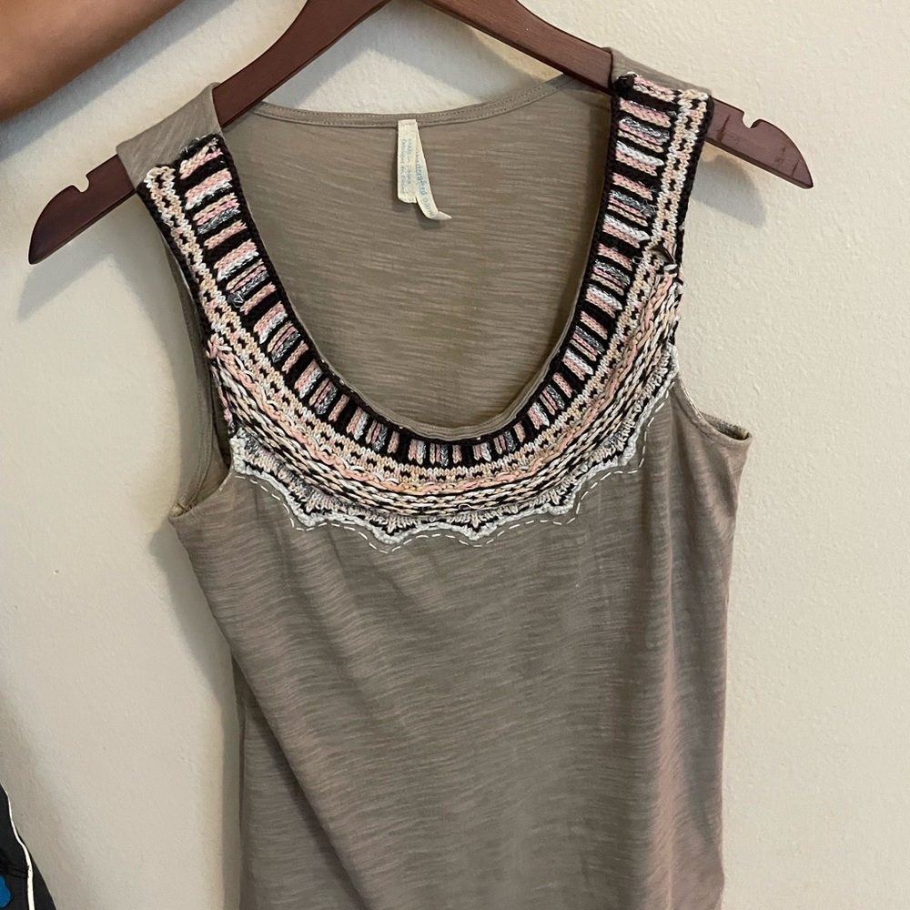 Embroidered Taupe Tank Top